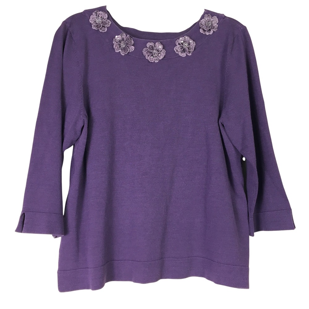 Judith Hart Purple Silk Blend‎ Floral Applique Sequin Knit Top XL 3/4 Sleeve